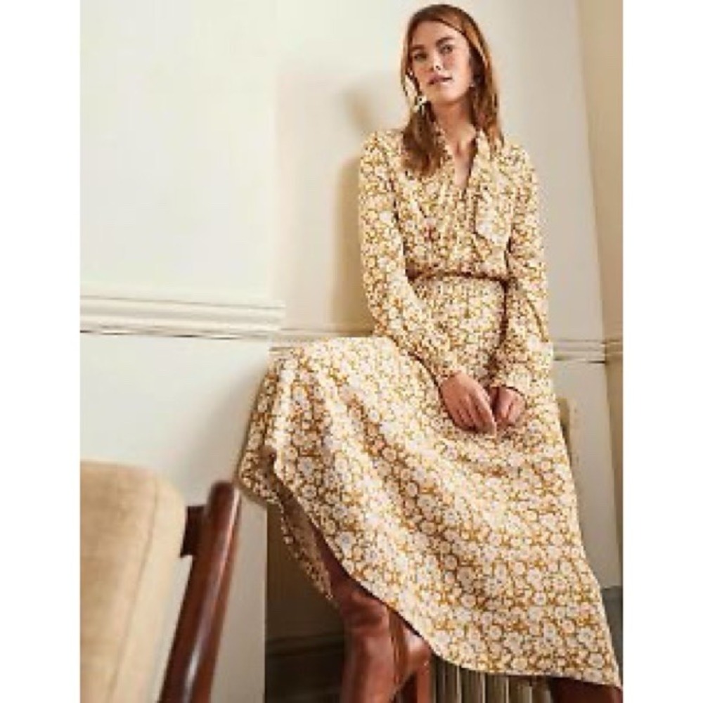 Boden Mustard Yellow Floral Ruffle High Neck Midi Dress Womens US 14 - Picture 2 of 12